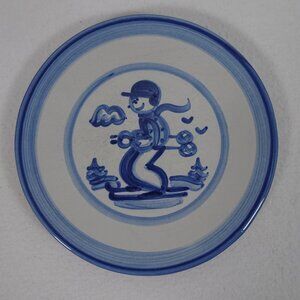 M A Hadley Pottery Stoneware Plate Skier Ski Skiing Blue Dinner Plate 9" Vintage